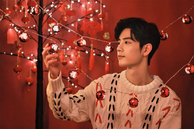 Обои картинки фото мужчины, xiao zhan, актер, свитер, дерево, шарики, украшения