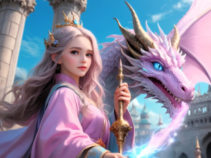 обоя 3д графика, аниме , anime, девушка, посох, дракон, колонны, нейросеть