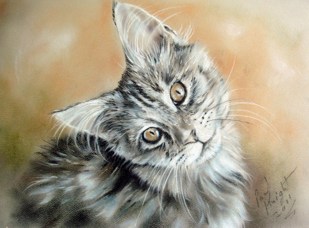 Обои картинки фото рисованные, животные, коты, paul, knight, серый, котёнок