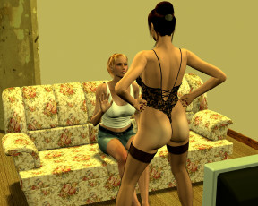 обоя 3д, графика, people, люди, девушки, диван, комната