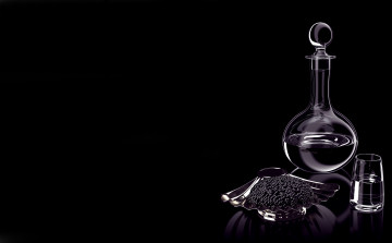 Картинка еда икра чёрная графин чёрный фон предметы