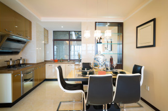 Картинка интерьер кухня плита дизайн мебель лампа стулья стол