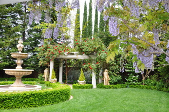 Картинка природа парк трава скульптуры фонтан розы глициния