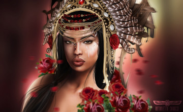 Картинка 3д+графика портрет+ portraits розы перья