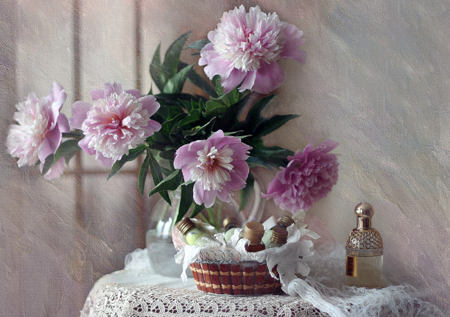 Обои картинки фото цветы, пионы, текстура, духи, букет