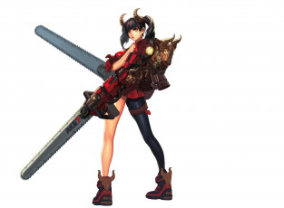 Картинка аниме оружие +техника +технологии взгляд девушка эротика фон бензопила рожки рога