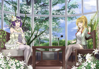 Картинка аниме love+live +school+idol+project микрофоны цветы ayase eri девушки toujou nozomi арт love live school idol project orien интервью