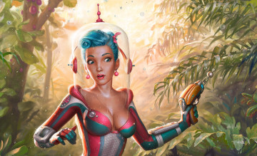 Картинка фэнтези девушки джунгли девушка астронавт космонавт скафандр грудь лазер оружие взгляд