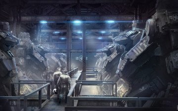 Картинка фэнтези роботы +киборги +механизмы mech робот солдаты пилоты ангар art