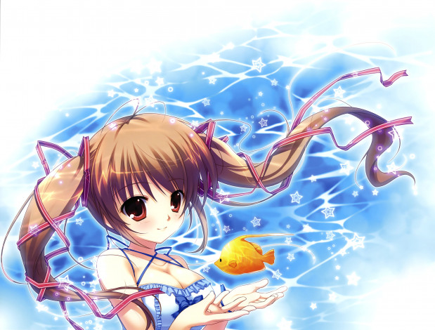 Обои картинки фото аниме, mikeou , artbook, mikeou, арт, девочка, взгляд, рыбка, звёздочки, вода