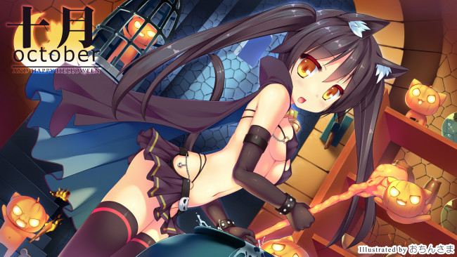 Обои картинки фото аниме, магия,  колдовство,  halloween, ведьма, коты-тыквы, девушка, арт, ochinsama