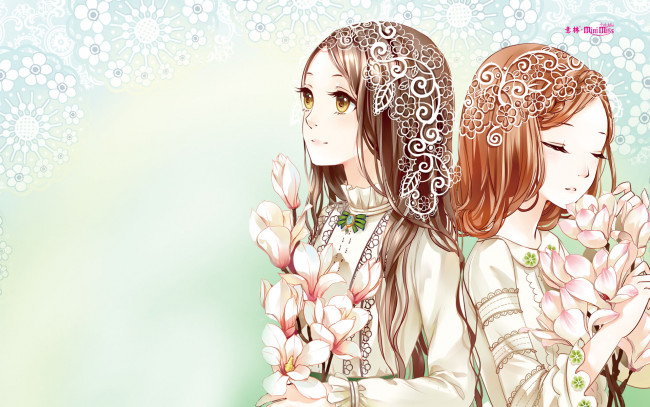 Обои картинки фото аниме, unknown,  другое, цветы, фон, взгляд, девушки