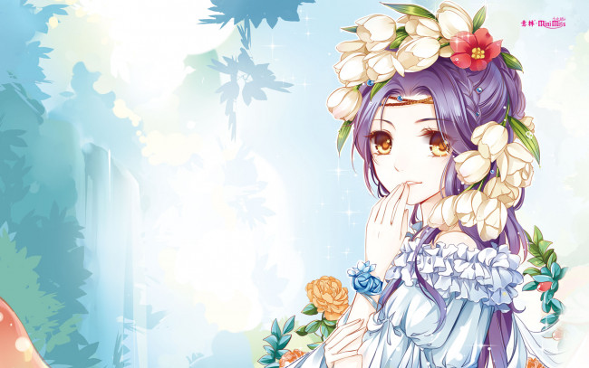 Обои картинки фото аниме, unknown,  другое, фон, девушка, цветы, взгляд