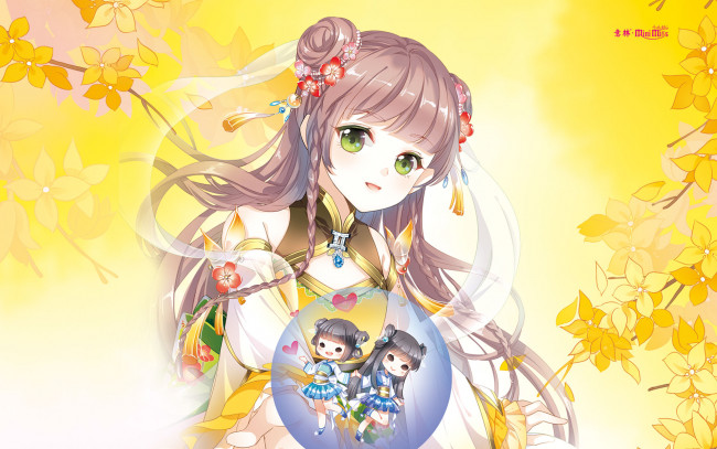 Обои картинки фото аниме, unknown,  другое, фон, ветки, взгляд, девушка