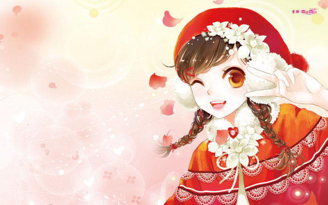 Обои картинки фото аниме, unknown,  другое, косички, улыбка, фон, взгляд, девушка