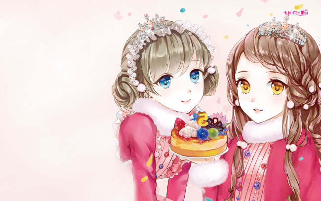 Обои картинки фото аниме, unknown,  другое, торт, фон, девушки, взгляд