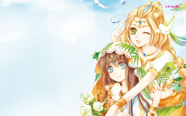 Обои картинки фото аниме, unknown,  другое, взгляд, фон, перо, птичка, цветы, девушки