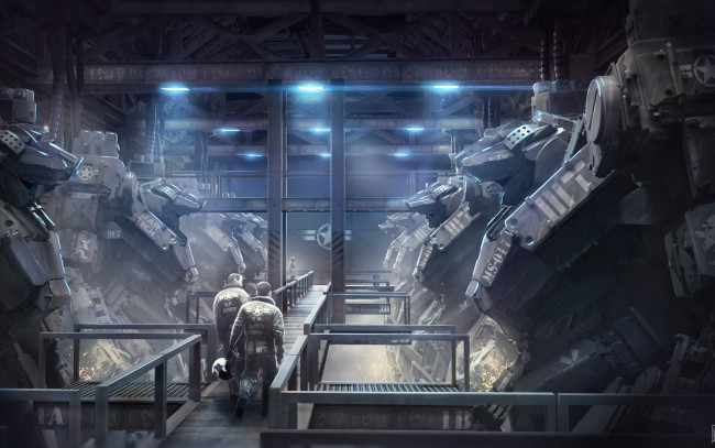 Обои картинки фото фэнтези, роботы,  киборги,  механизмы, mech, робот, солдаты, пилоты, ангар, art