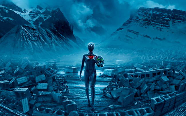 Обои картинки фото фэнтези, романтика апокалипсиса, голова, alexiuss, горы, руины, romantically, apocalyptic, doom, apocalypse, pilot