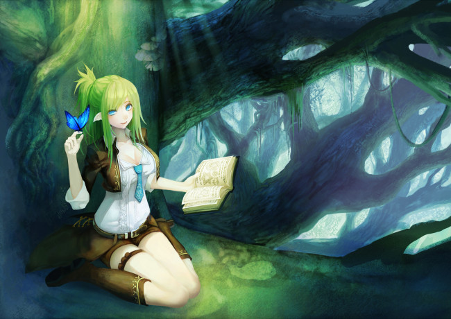 Обои картинки фото аниме, животные,  существа, бабочка, книга, арт, эльф, лес, девушка