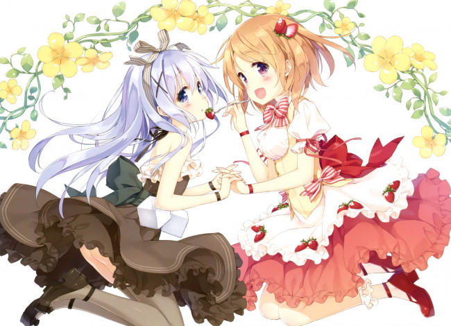 Обои картинки фото аниме, unknown,  другое, kafuu, chino, hoto, kokoa, девочки, арт, peko, клубника, gochuumon, wa, usagi, desu, ka
