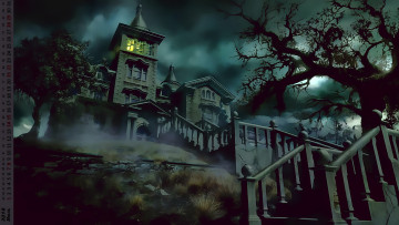 Картинка календари рисованные +векторная+графика лестница свет ночь деревья здание