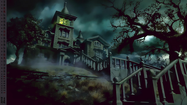 Обои картинки фото календари, рисованные,  векторная графика, лестница, свет, ночь, деревья, здание