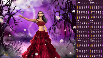 Картинка календари 3д-графика дерево цветы птица девушка