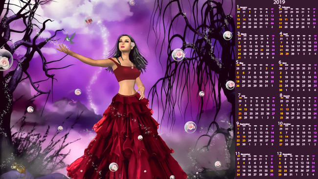 Обои картинки фото календари, 3д-графика, дерево, цветы, птица, девушка