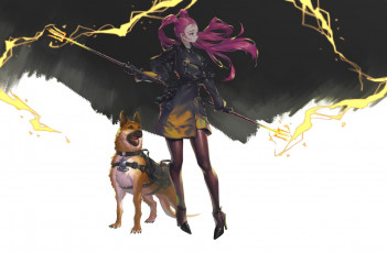 Картинка аниме магия +колдовство +halloween девушка посох собака