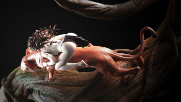 Картинка фэнтези красавицы+и+чудовища девушка львица дерево