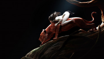 обоя фэнтези, красавицы и чудовища, девушка, львица, дерево