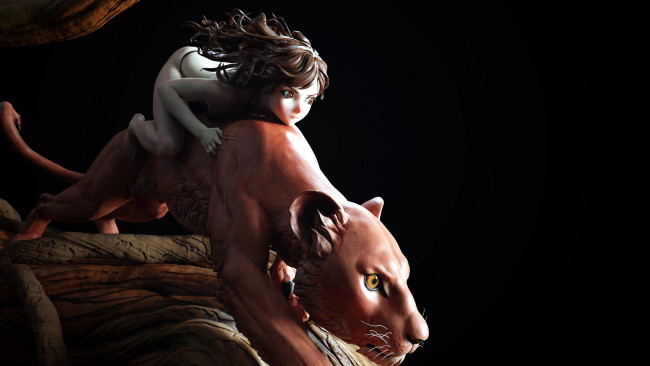 Обои картинки фото фэнтези, красавицы и чудовища, девушка, львица, дерево