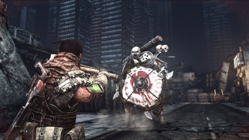 Картинка видео+игры afterfall +insanity человек оружие монстр щит город