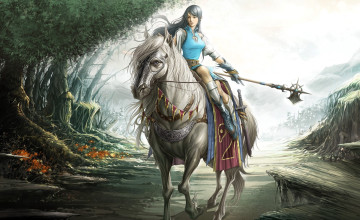 обоя видео игры, lineage,  the cross rancor - episode u, девушка, лошадь, всадница, оружие, дорога, деревья