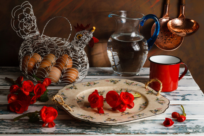 Обои картинки фото еда, натюрморт, яйца, курица, вода, кувшин, бегония
