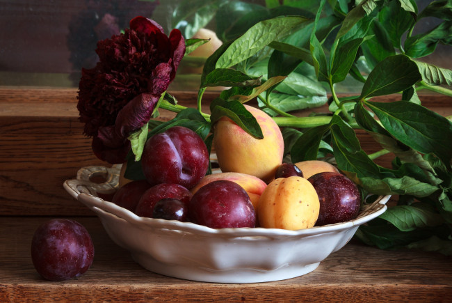 Обои картинки фото еда, персики, сливы, абрикосы, тарелка, пион