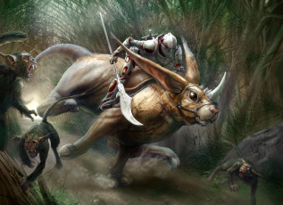 Картинка фэнтези существа движение всадник рог меч алебарда уши арт