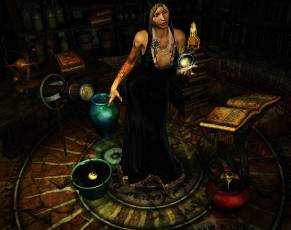 Картинка 3д+графика фантазия+ fantasy череп фон взгляд девушка магия книга глаза