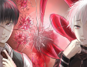 Картинка аниме tokyo+ghoul арт токийский гуль парни цветы kaneki ken