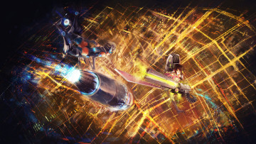 Картинка аниме оружие +техника +технологии doomfest доспехи бой огни девушки ночь город киборг робот полет