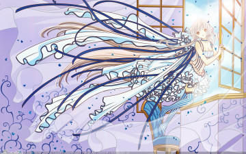 Картинка аниме chobits ленты окно ушки платье кресло стул облака девушка chii небо