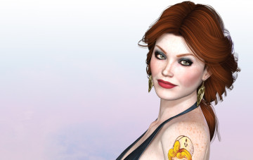 Картинка 3д+графика портрет+ portraits тату девушка взгляд фон рыжая