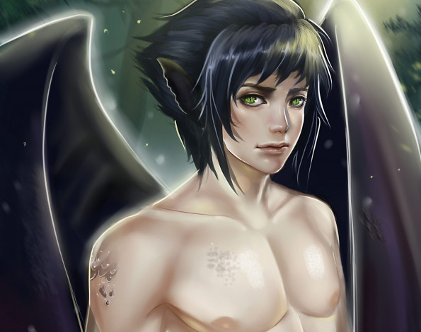 Обои картинки фото фэнтези, демоны, милашка, взгляд, крылья, брюнет, ангел, парень, арт