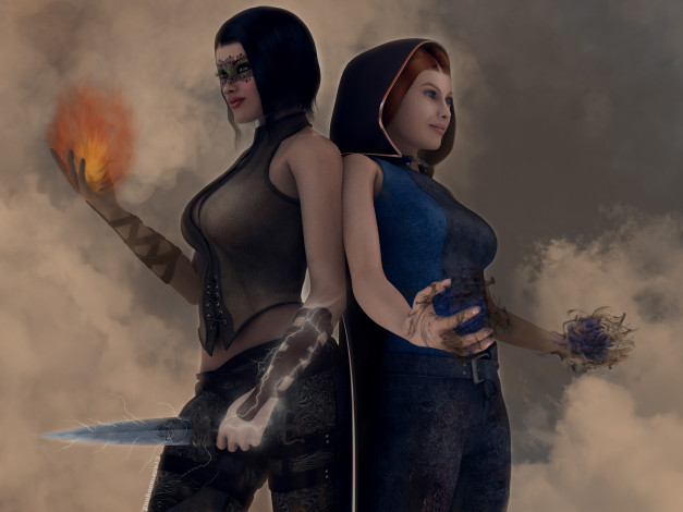 Обои картинки фото 3д графика, фантазия , fantasy, оружие, фон, взгляд, девушки, магия