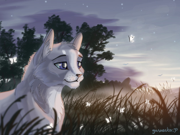 Обои картинки фото рисованное, животные,  коты, бабочки, фон, взгляд, кот