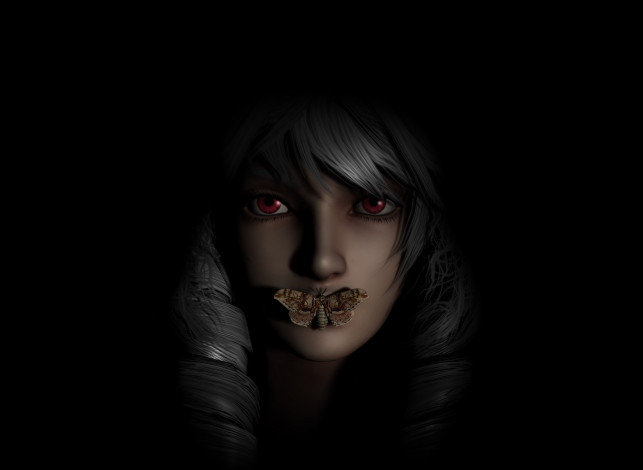 Обои картинки фото 3д графика, фантазия , fantasy, мотылек, фон, взгляд, девушка