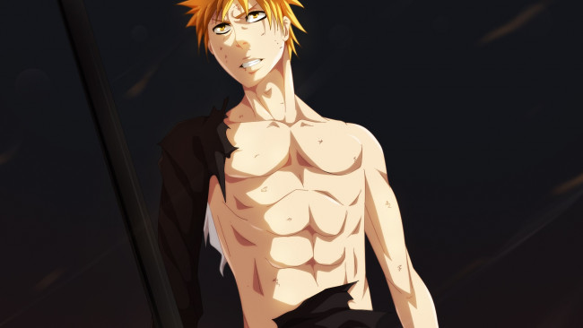 Обои картинки фото аниме, bleach, чёрный, фон, арт, блич, kurosaki, ichigo