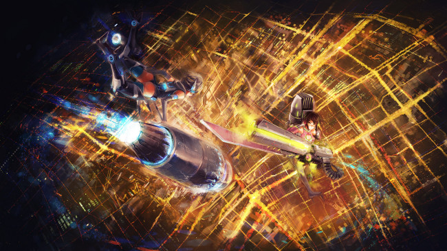 Обои картинки фото аниме, оружие,  техника,  технологии, doomfest, доспехи, бой, огни, девушки, ночь, город, киборг, робот, полет
