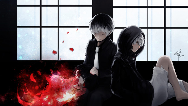 Обои картинки фото аниме, tokyo ghoul, арт, kaneki, ken, токийский, гуль, парни, окно